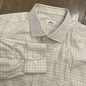 Brioni Mens 18 46 2XL Cotton Dress Shirt  Textured Windowpane Check Tan Button